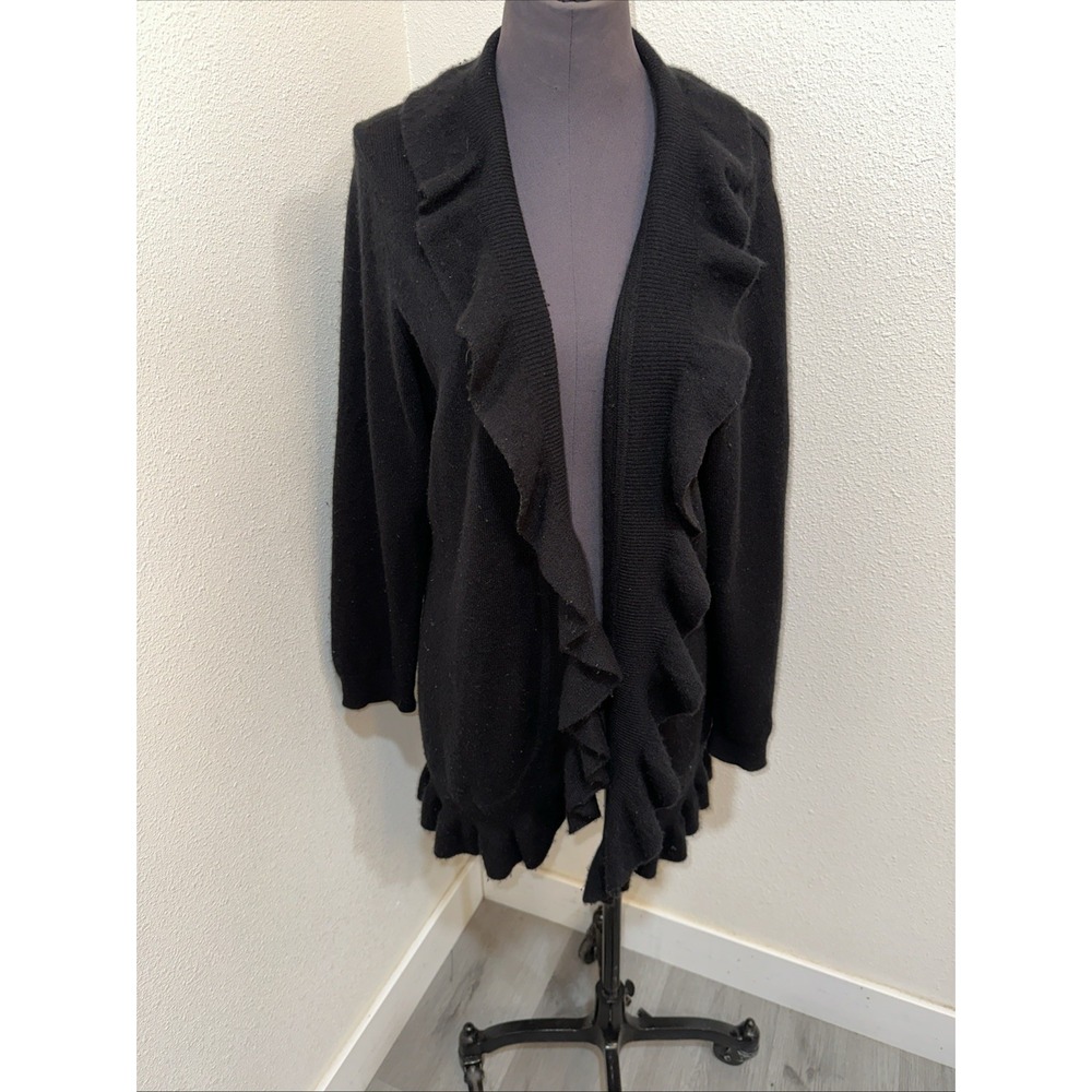 Charter Club 2-Ply Cashmere Black Open Ruffle Cardigan Size Xl